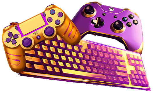 shiny purple and gold controllers with keyboard